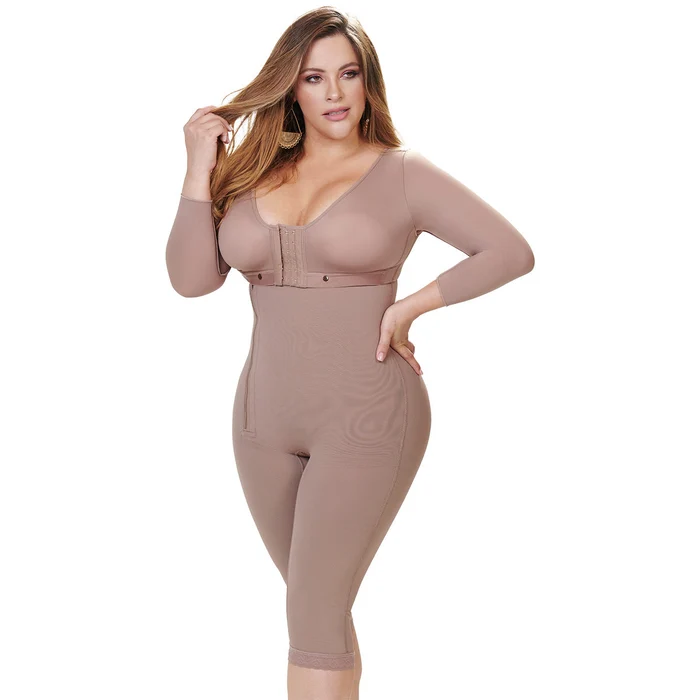 FAJA DE PIERNA COMPLETA CON BRASIER Y MANGAS Y AJUSTE EN CIERRE CON REALCE AUTENTIC FP6008 - Cocoa