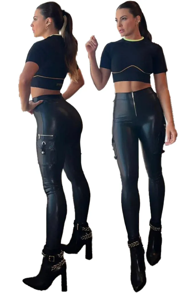 Legging Brandfit Efecto Cuero BQ113 Bolsillo Cargo Ojal