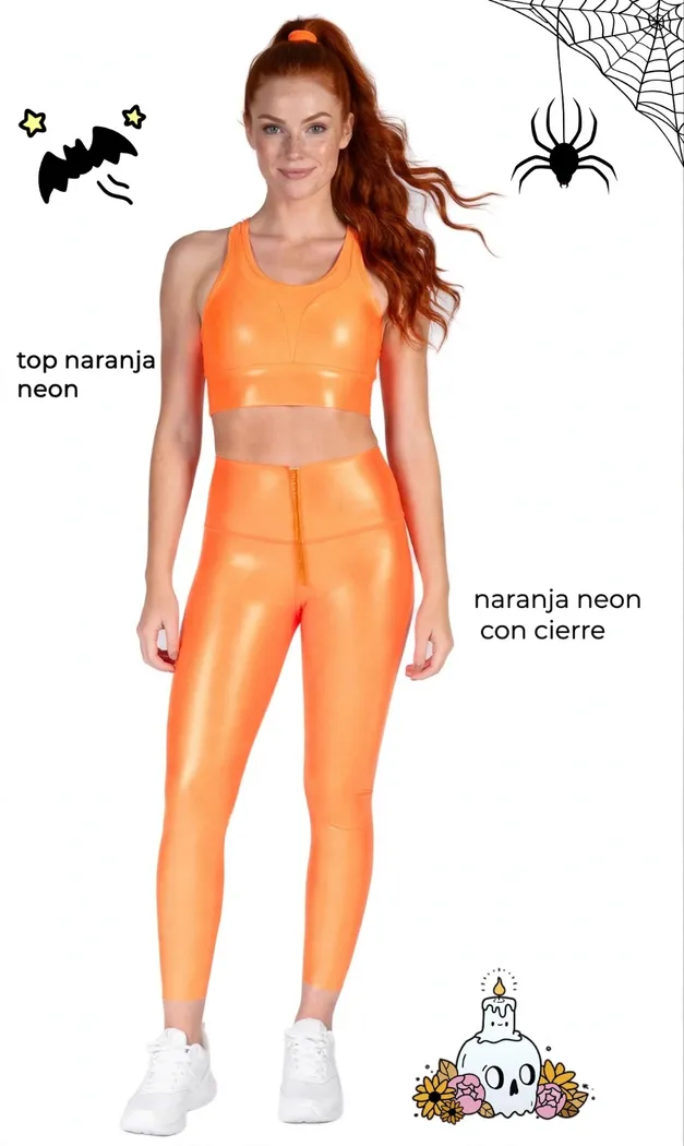 Legging Brandfit Efecto Cuero Naranja Neon con Cierre